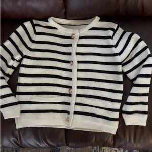 Black ivory striped knit cardigan with gold buttons